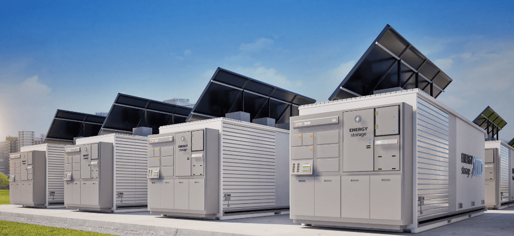 Image of solar panels with attached energy storage units.