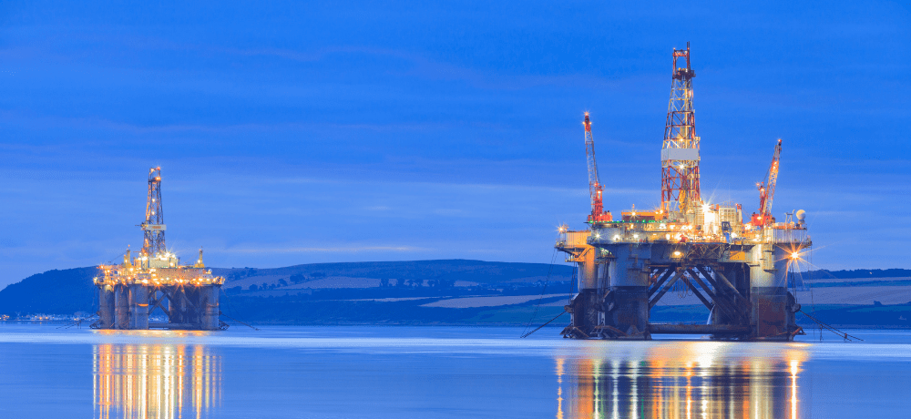 Image of oil rigs off the coast of Scotland.