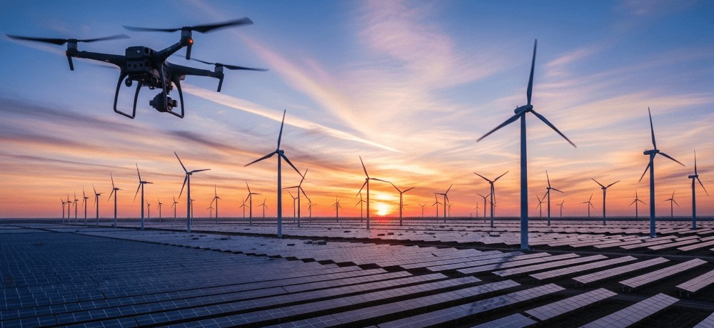 Image of renewable energy technologies, including solar panels, wind turbines, and drones.