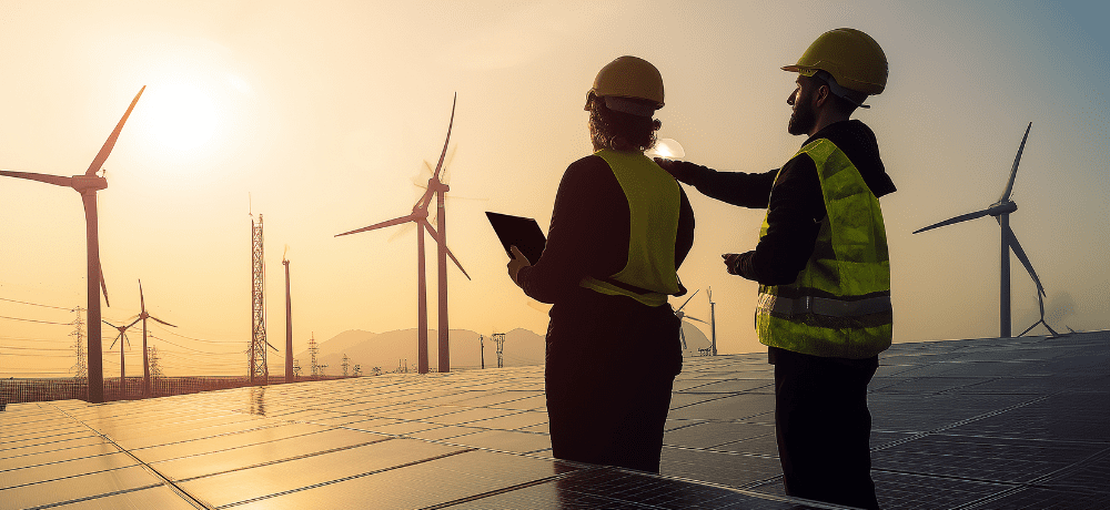 Header image of two people with clipboards checking solar panels and wind turbines.