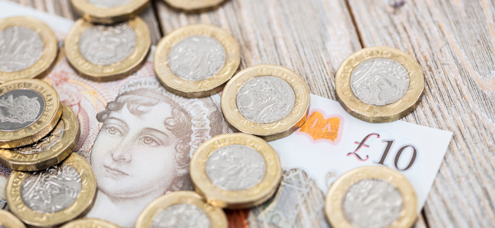 Header image of a ten pound note and pound coins.
