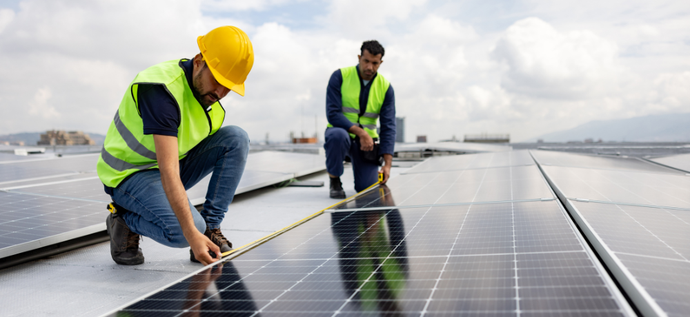 Header image of solar panels being inspected.