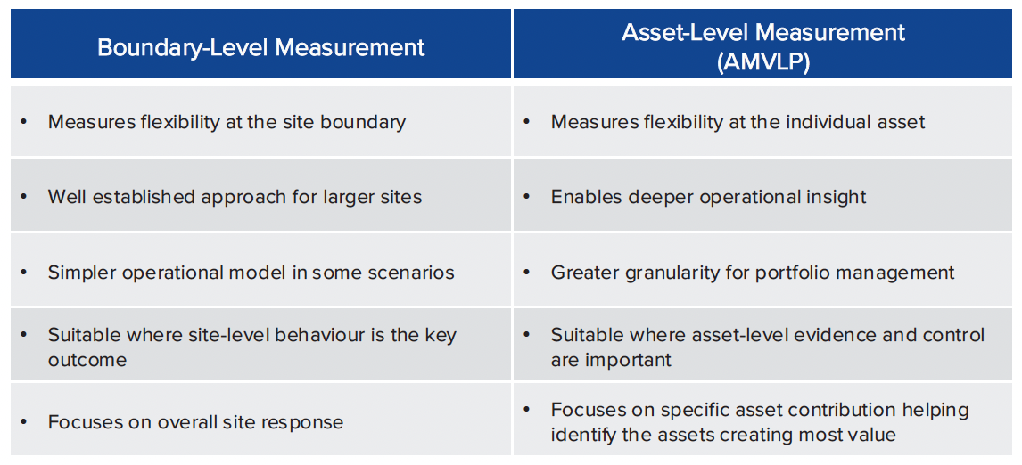 Grid showing Boundary-level measurement vs. Asset-level measurement (AMVLP) in flexibility markets.