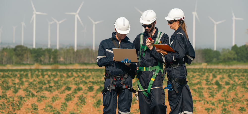 Feature image of engineers using technology to inspect a wind farm.